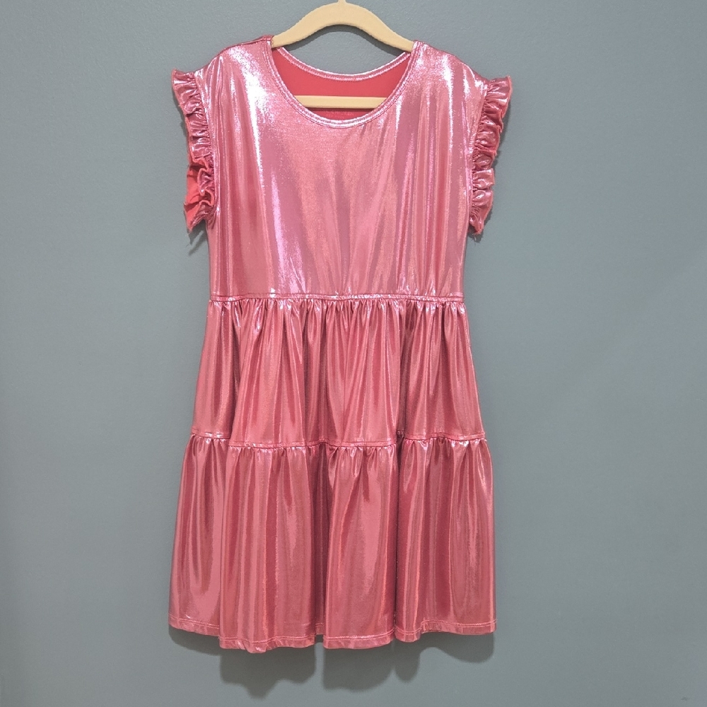 Pink Chicken Shiny Pink Tiered Ruffle-Sleeve Dress